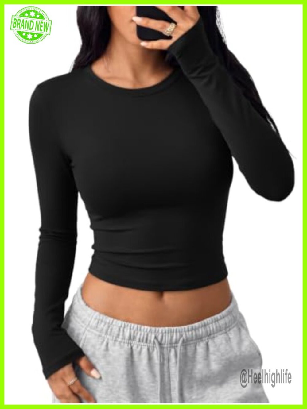 Women's Long Sleeve Crew Neck Crop Top Slim Fit Stretch Polyester Spandex